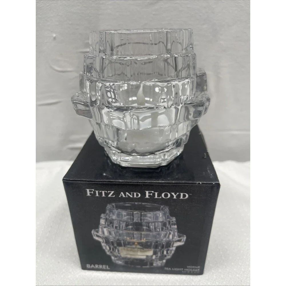 Fitz and Floyd Fairmont Glass Votive Tea Light Barrel Candle Holder w/Box